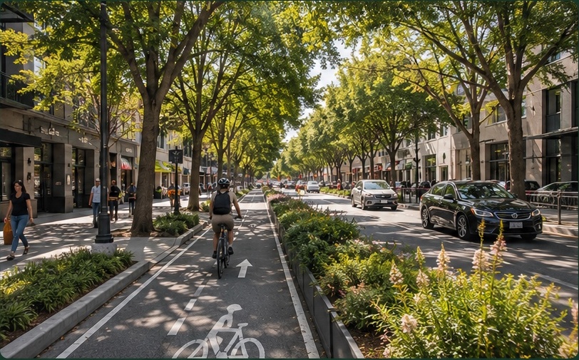 Illustrative concept visualization of a tree-lined complete street with a protected bikeway, planted buffers, and people walking and biking.