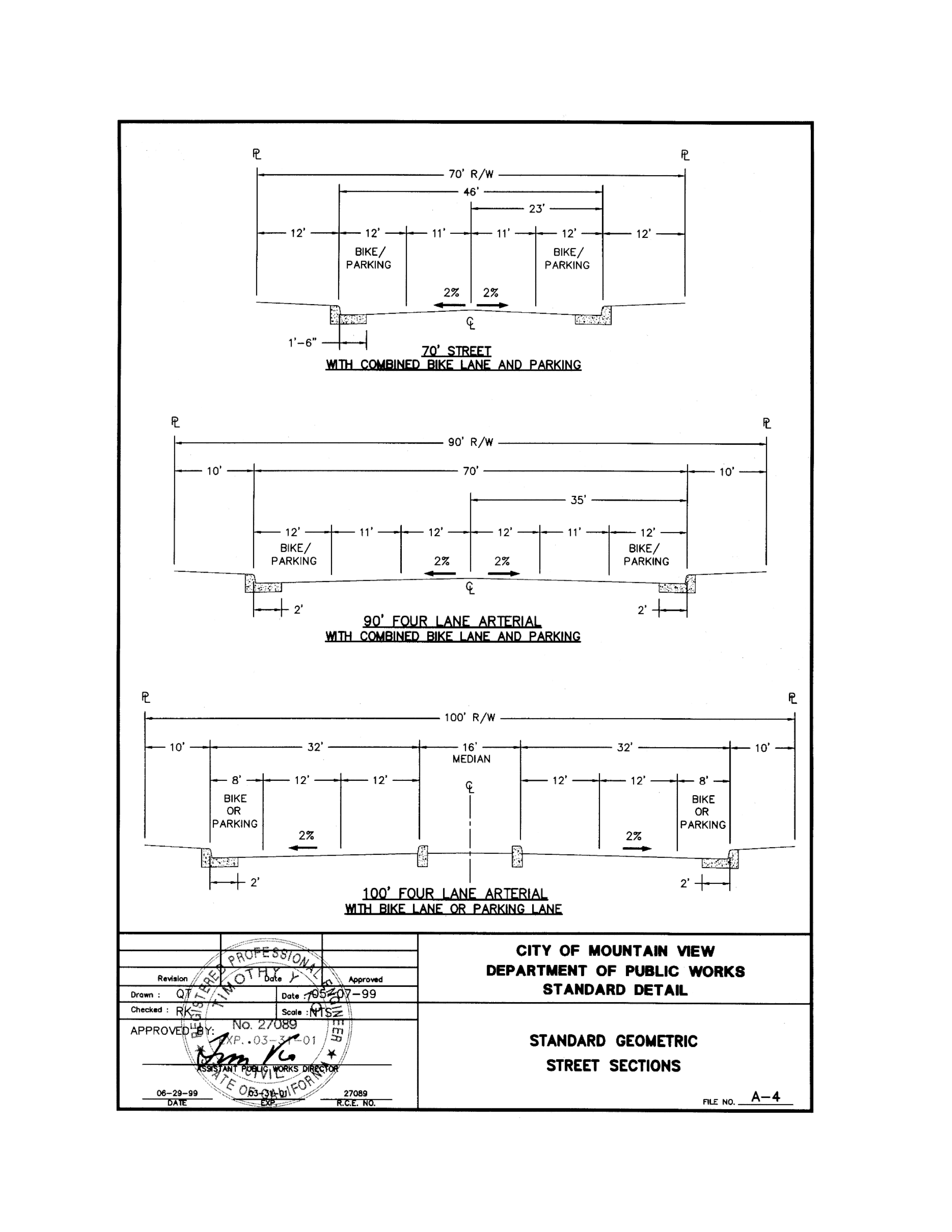 City of Mountain View Standard Detail A-4, Standard Geometric Street Sections, 4-Lane Arterial.