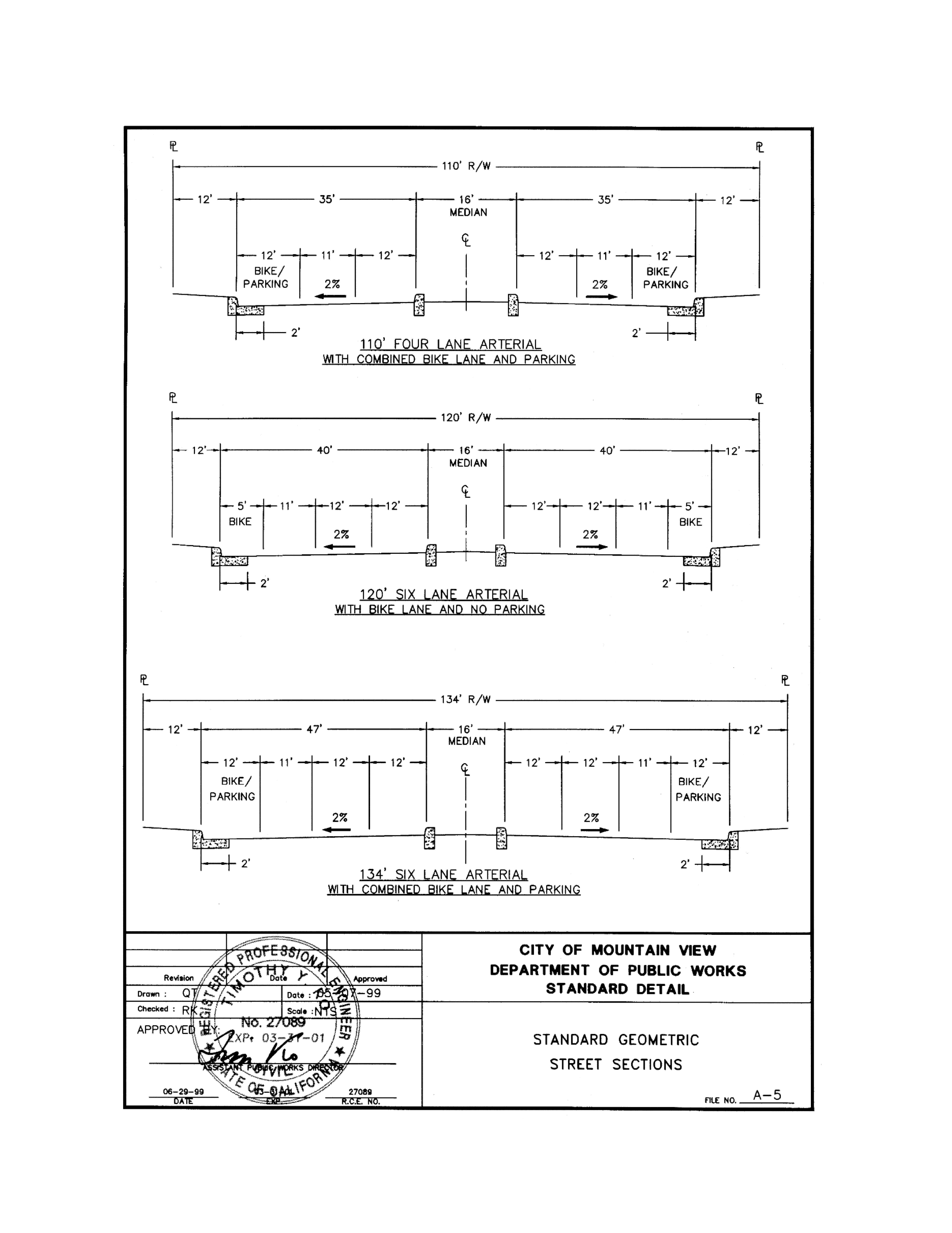 City of Mountain View Standard Detail A-5, Standard Geometric Street Sections, 6-Lane Arterial.